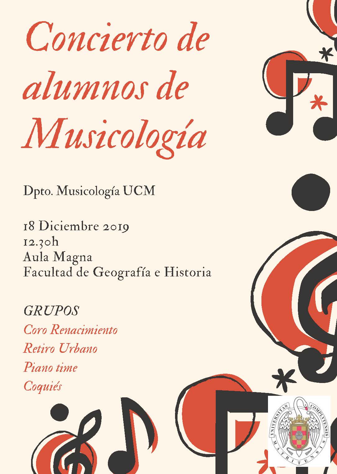 Concierto de alumnos de Musicología. 18 de diciembre 2019 a las 12:30. Aula Magna